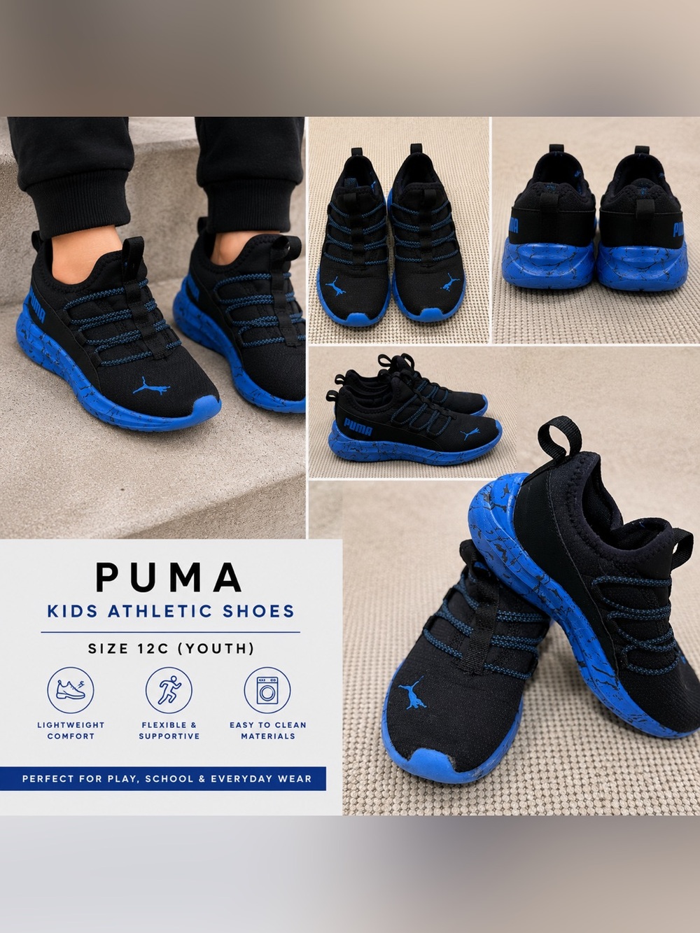 Puma Kids Black and Blue Slip-On Athletic Sneakers